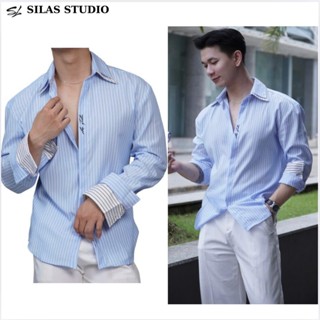 (New Item) (Form Tôn Vai) Áo Sơ mi SILAS Sọc Ver5 Thêu Tà 2 Lá Cổ Cotton Chéo Menswear Form Rộng Chiết Eo