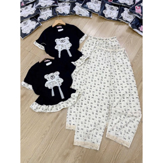 Set bộ nữ , đồ bộ nữ áo thun gân tăm bèo thêu gấu kèm quần đũi BAGGY thời trang _Xưởng May Thu Lê