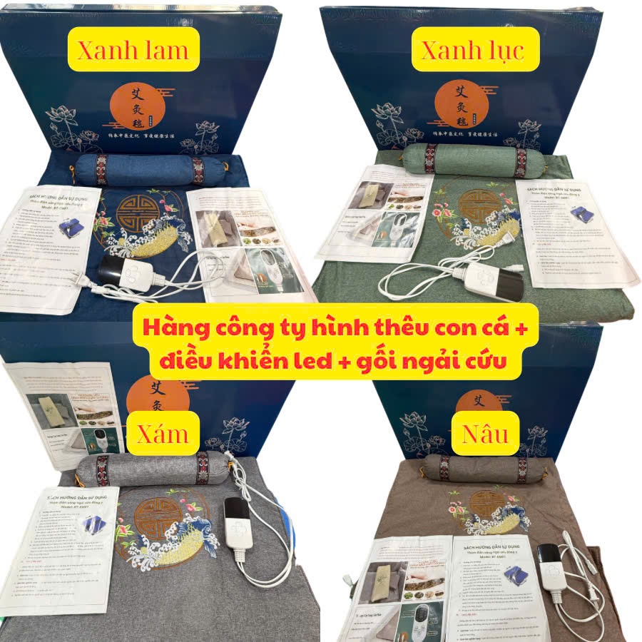 (có hộp HÀNG CÔNG TY THÊU CÁ)Thảm điện ngải cứu kèm gối/ đệm sưởi ngải cứu giảm đau mỏi lưng xương khớp hiệu quả có hộp