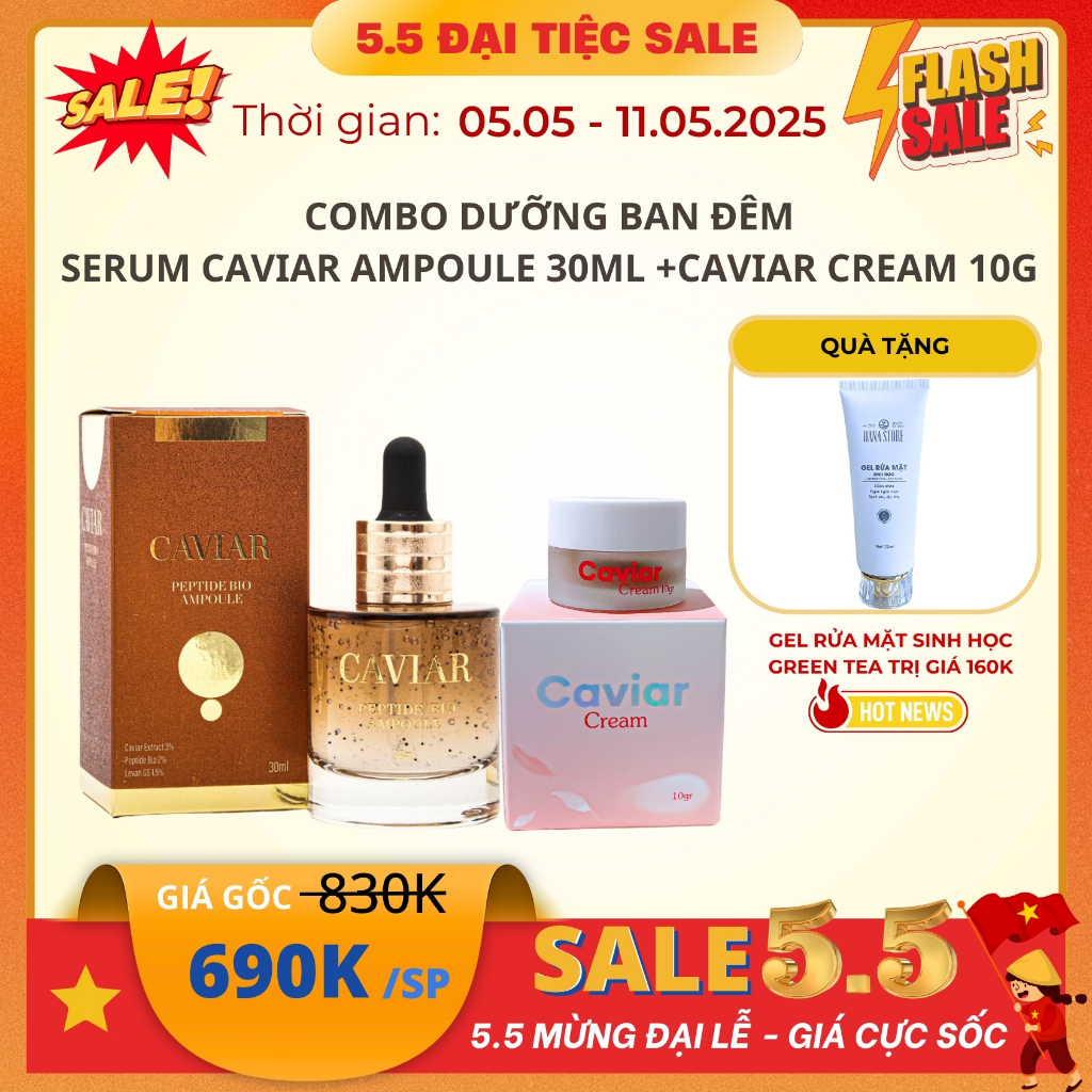 Combo DƯỠNG ĐÊM Caviar -Kem trứng cá tầm đen 10gr+Serum Caviar ampoule 30ml-Quà tặng tuýt SRM