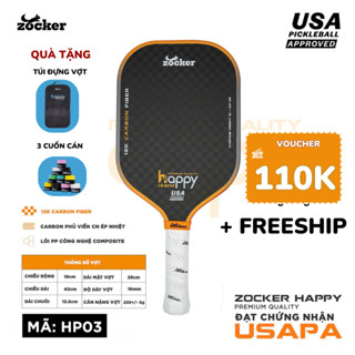 Vợt Pickleball Zocker Happy Premium, mặt vợt 12K carbon fiber đạt tiêu chuẩn USAPA TẶNG túi đựng vợt và 3 cuốn cán