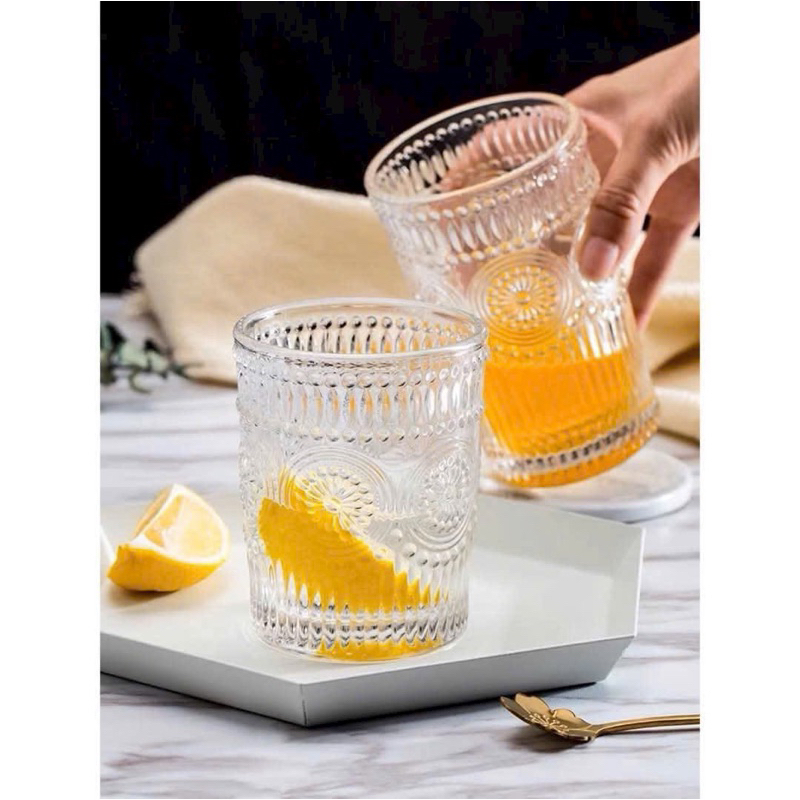 Ly thuỷ tinh cao cấp dung tích 350ml hoa văn hoạ tiết đồng tiền nổi, cốc thuỷ tinh uống trà đá nước 