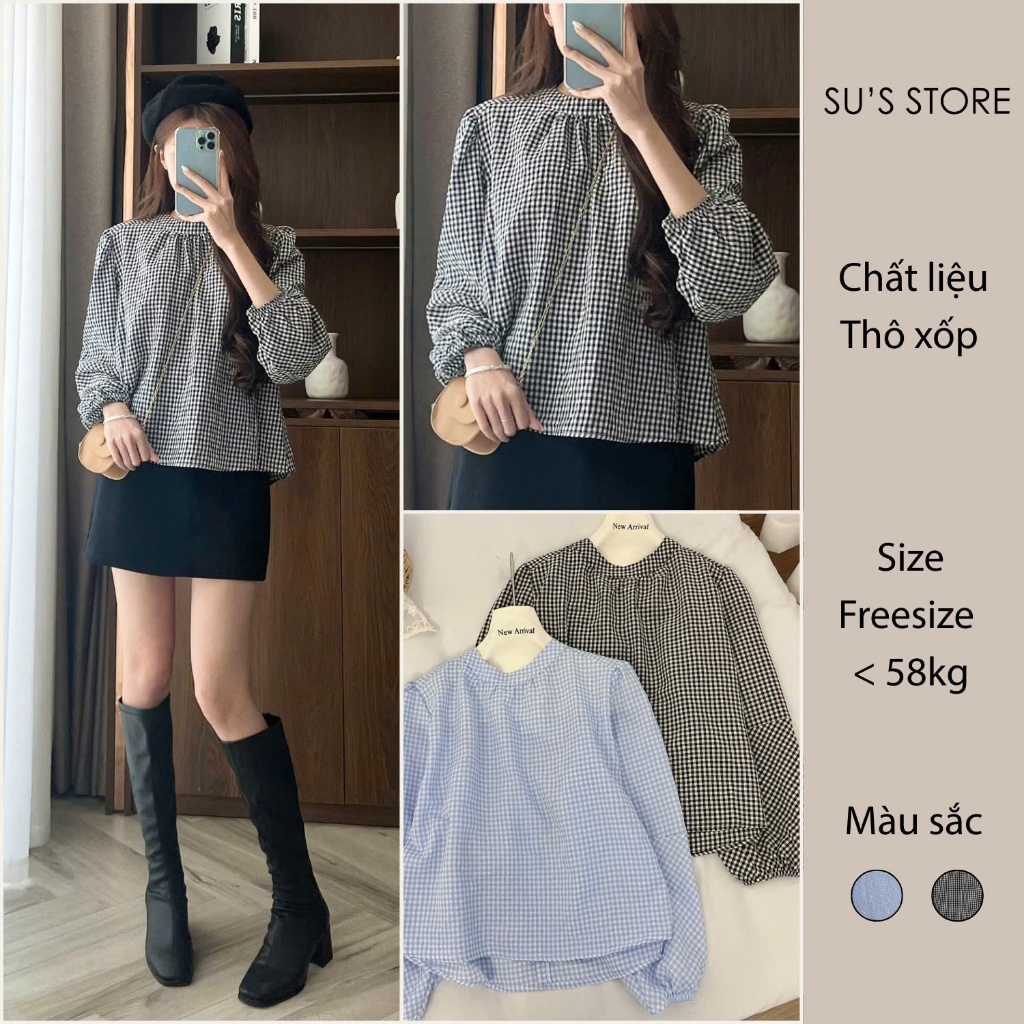 Áo Sơ Mi Nữ Kẻ Caro Dài Tay Bo Chun Su Chang A3003 Thời Trang Nữ