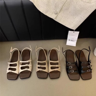 [Quà tặng là 1 chiếc chun] Dép sandal dây nữ mũi vuông, xăng đan 3 quai ngang mảnh gắn khuy, dép đế bệt mùa hè