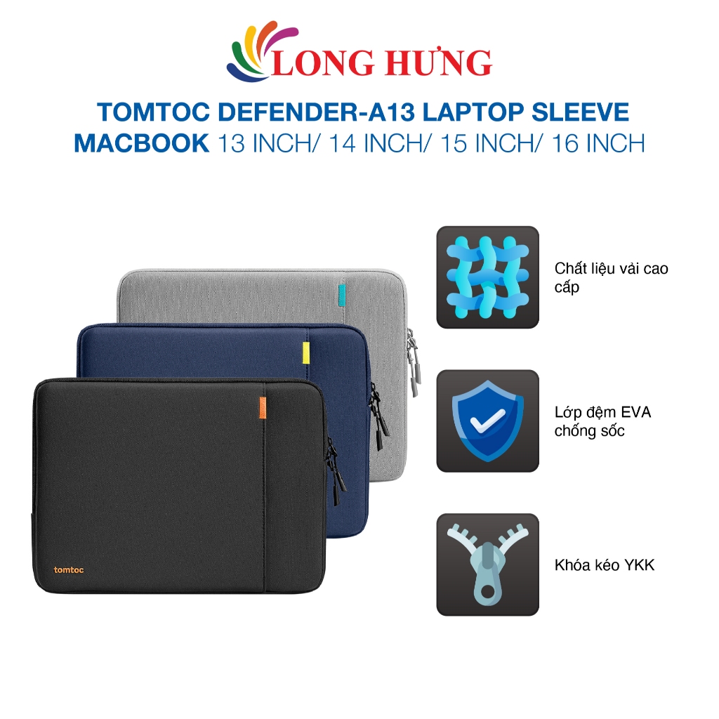 Túi chống sốc Tomtoc Defender-A13 Laptop Sleeve Macbook 13 inch/13.5 inch/14 inch/15 inch/16 inch - Hàng chính hãng