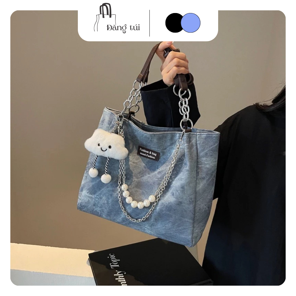 Túi xách đeo vai nữ fashion & bag, túi tote vải jeans size 35 form rộng kèm charm đám mây và dây xích phong cách - DK09