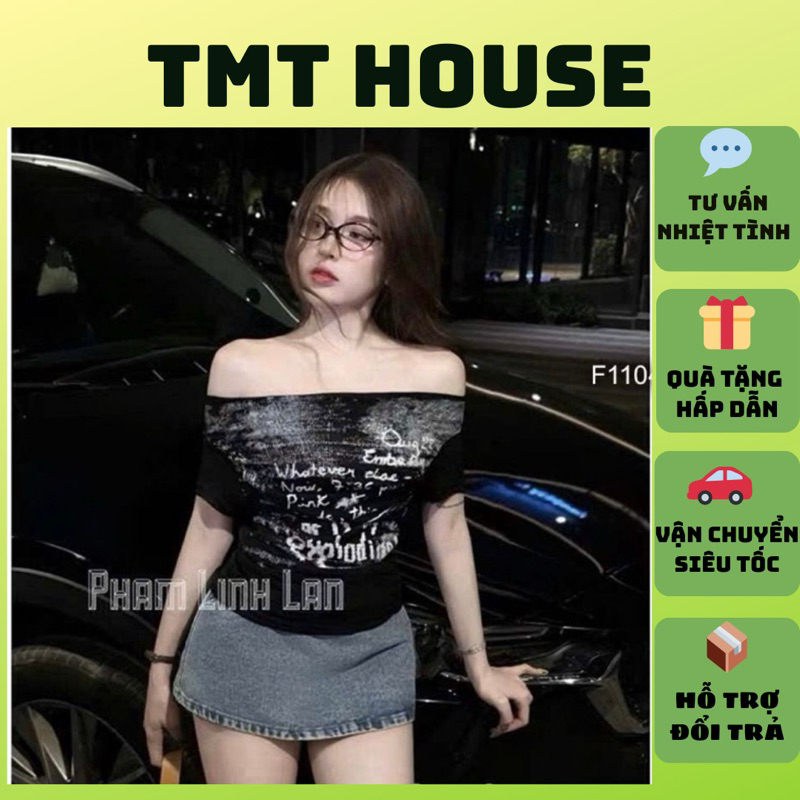 Áo thun giấy trễ vai in chữ, áo thun nữ tay ngắn TMT HOUSE