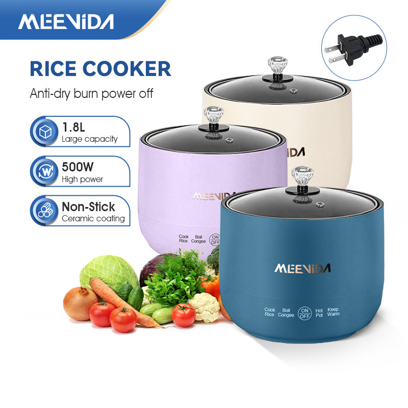 MEEVIDA Nồi Cơm Điện Mini Chống Dính Nồi Cơm Điện Cho 1-3Người 1,8L 500W 4ChếĐộ,Nấu Cơm,Chiên,Xào,Lẩu