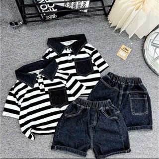  Set đồ polo bé trai hoạ tiết sọc đen trang phong cách Hàn Quốc quần giả jean mềm mịn mát -Nemo- Mã Polo kẻ đen trắng 