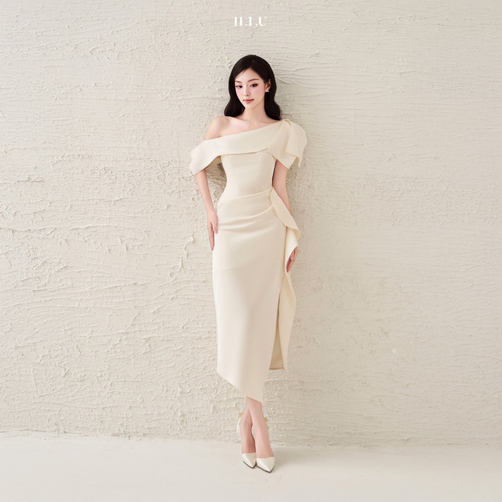 Lavie Dress | Váy tiệc nữ thiết kế trễ vai taffta lụa cao cấp H.I.U Fashion dáng dài midi sang trọng HIU design | BigBuy360 - bigbuy360.vn