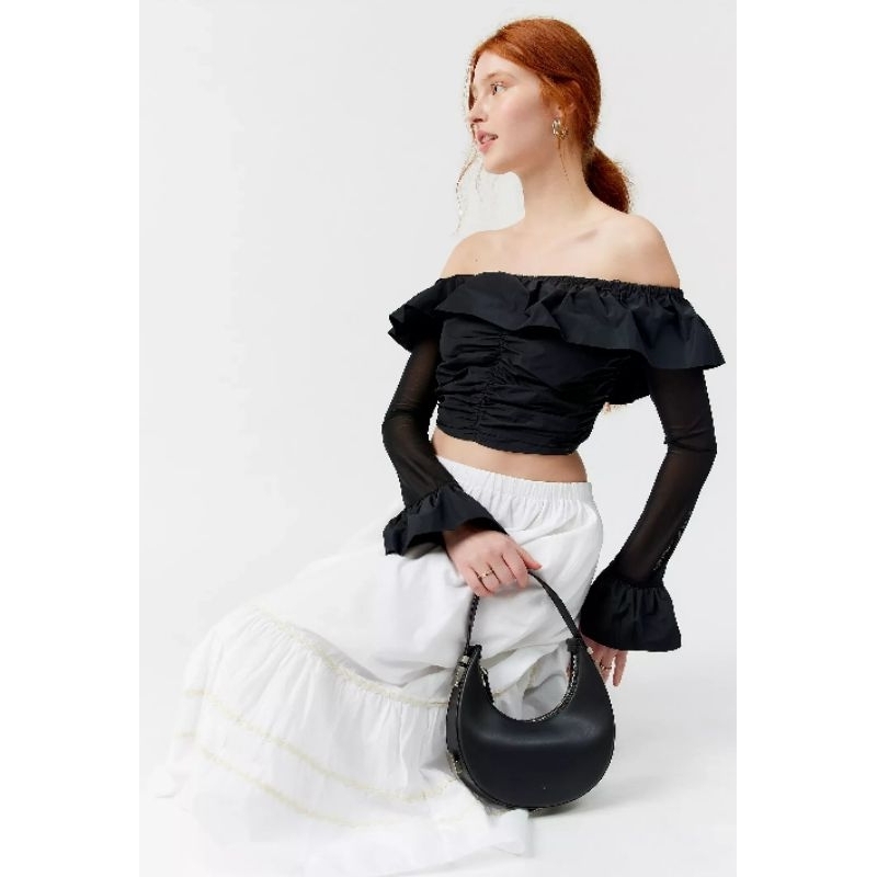 Áo crop top bẹt vai tay dài phối lưới Urban Outfits VNXK TQXK áo croptop bo chun nhún sexy xuất khẩu