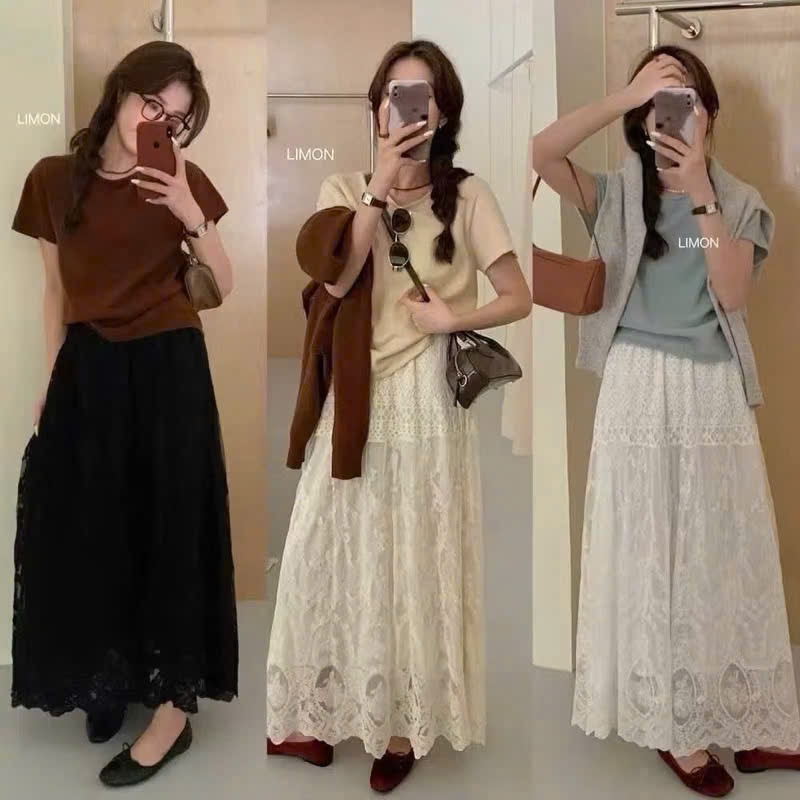 Chân váy midi ren ALISA dáng dài vải 2 lớp eo cao chun co giãn dịu dàng nhẹ nhàng Hàn Quốc | BigBuy360 - bigbuy360.vn