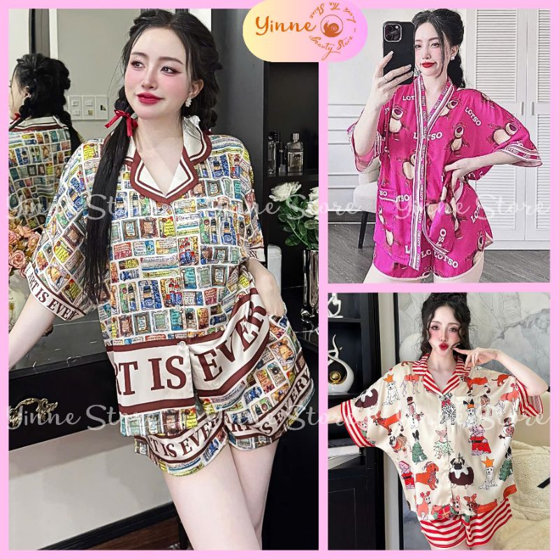 [P2] (BIGSIZE <70kg) °Lụa Latin LADY° Đồ bộ Pijama Đùi Sọt Tay Dơi Cổ Truyền thống/Cổ Y, Bộ ngủ mặc 