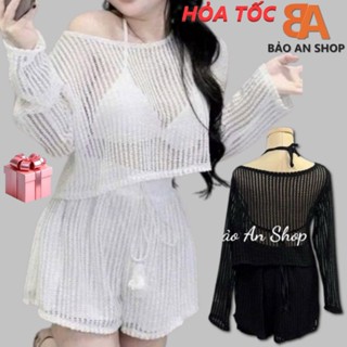 [ SB-39 ] Sét bộ nữ 3 món áo lưới from rỗng kèm áo bra dây croptop ôm body và quần đùi lưng thun 2 lớp