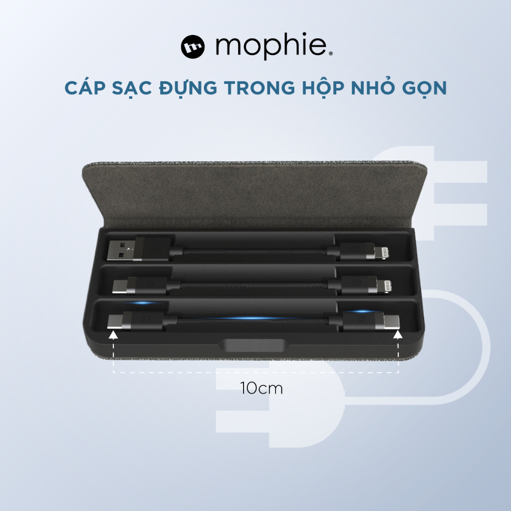 Bộ Kit sạc Mophie 3 dây sạc ngắn đa dụng, du lịch cable kit - C to L, C to C USB-A to L Bộ dây sạc d