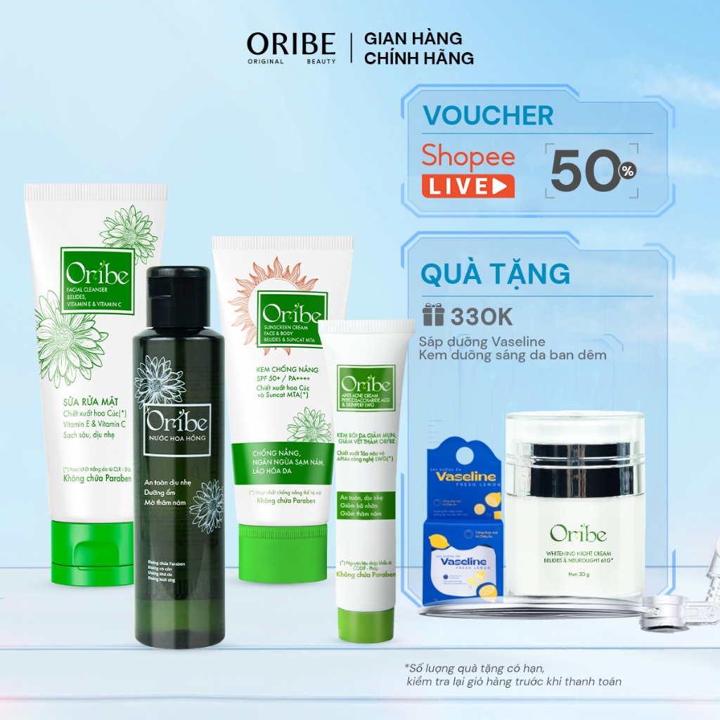 Combo chăm sóc da hằng ngày Oribe 4 món (SRM Oribe 100g + toner hoa cúc 150ml + kem mụn 20g + kem chống nắng 30g)