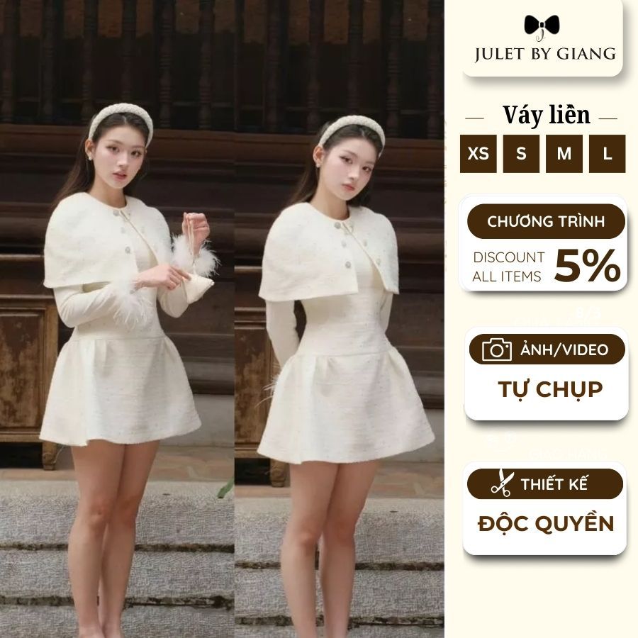 [JULETBYGIANG] Váy thiết kế nữ tiểu thư dạ choàng trắng kem ôm ngực xoè phối áo thun ôm Juletbygiang