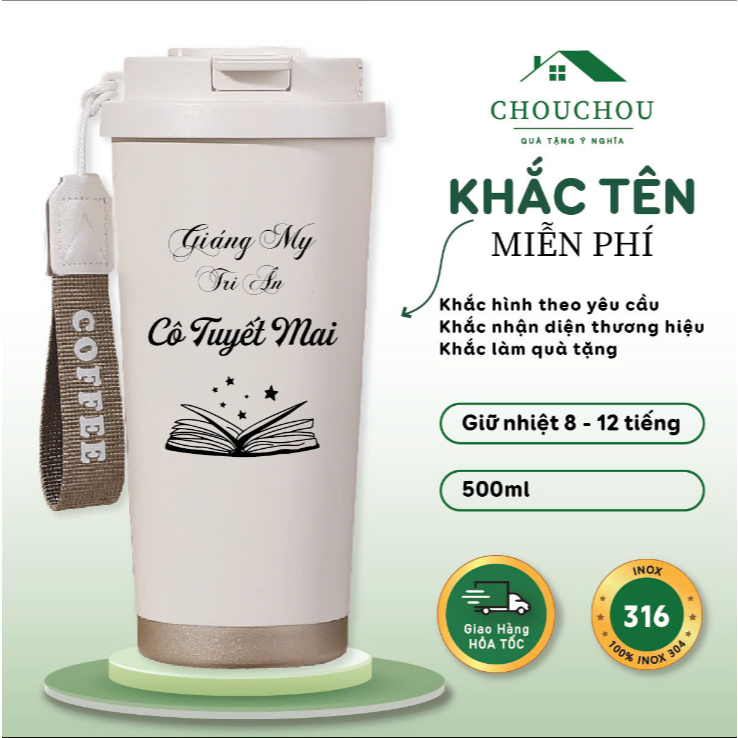   Miễn Phí Khắc Tên  Cốc giữ nhiệt Chouchou Coffee 500ml có ống hút lõi Inox 316 giữ nhiệt đến 12h 