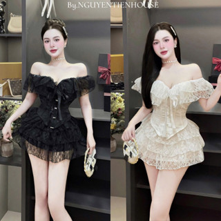 KP88- sét vasys ren công chúa, áo corset bệt vai, chân váy ren tầng ngắn