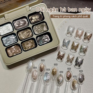 MORDDA Nghệ thuật làm móng Set gel dặm khay 9 màu + khay thạch cao đủ tone màu hot Keo kim tuyến phân cực Bột tiên