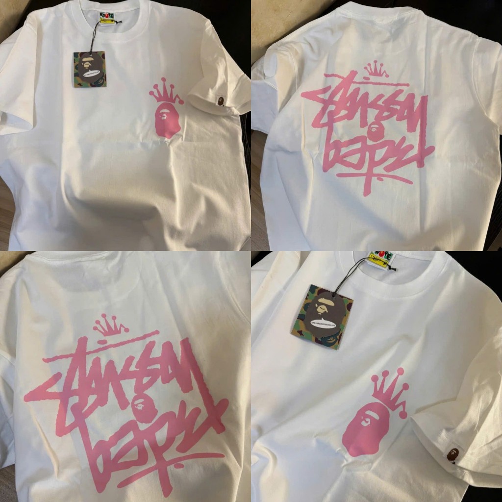 Áo Thun Unisex Cotton Trắng In Hình Stussy Bape Graffiti Hồng Siêu Chất – Áo Phông Streetwear Cá Tín