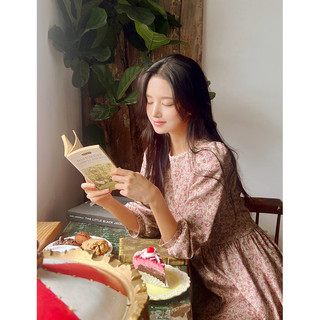  Váy babydoll hoa cam tay lỡ cổ ren phong cách tiểu thư vintage 