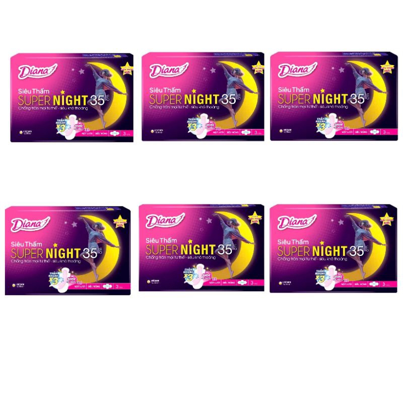 [Lốc 6 gói] Băng vệ sinh Diana Siêu thấm Ban Đêm 35cm có cánh 3 miếng