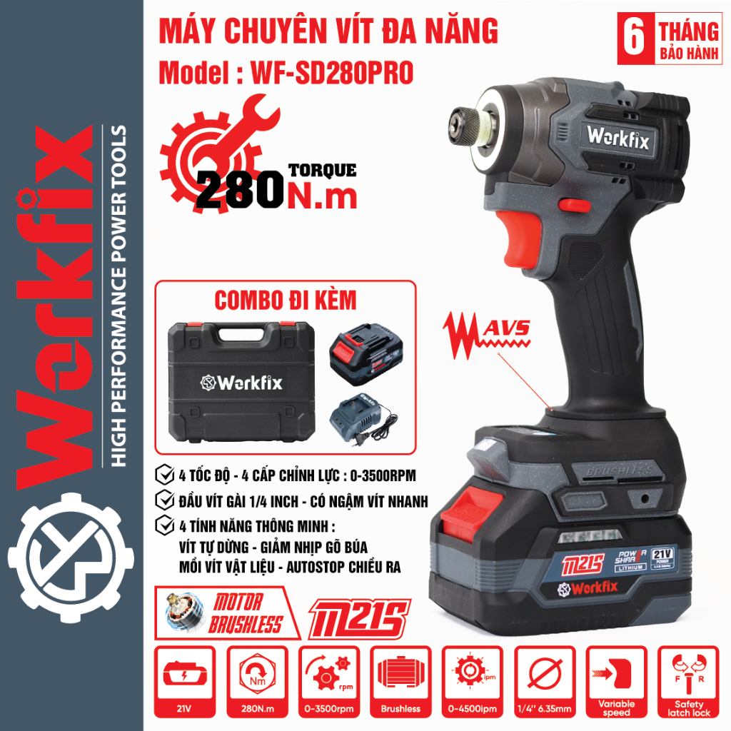 [Gen2] Máy Bắn Vít Workfix WF-SD280PRO, Điều Tốc 4 Cấp, 4 Tính Năng Thông Minh, Chống Rung Chấn AVS