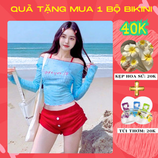 Bikini đi biển cho nữ set đồ bơi 4 chi tiết du lịch áo 2 dây quần tam giác kèm áo lưới quần đùi rút dây SET 4 ĐỎ XANH C4