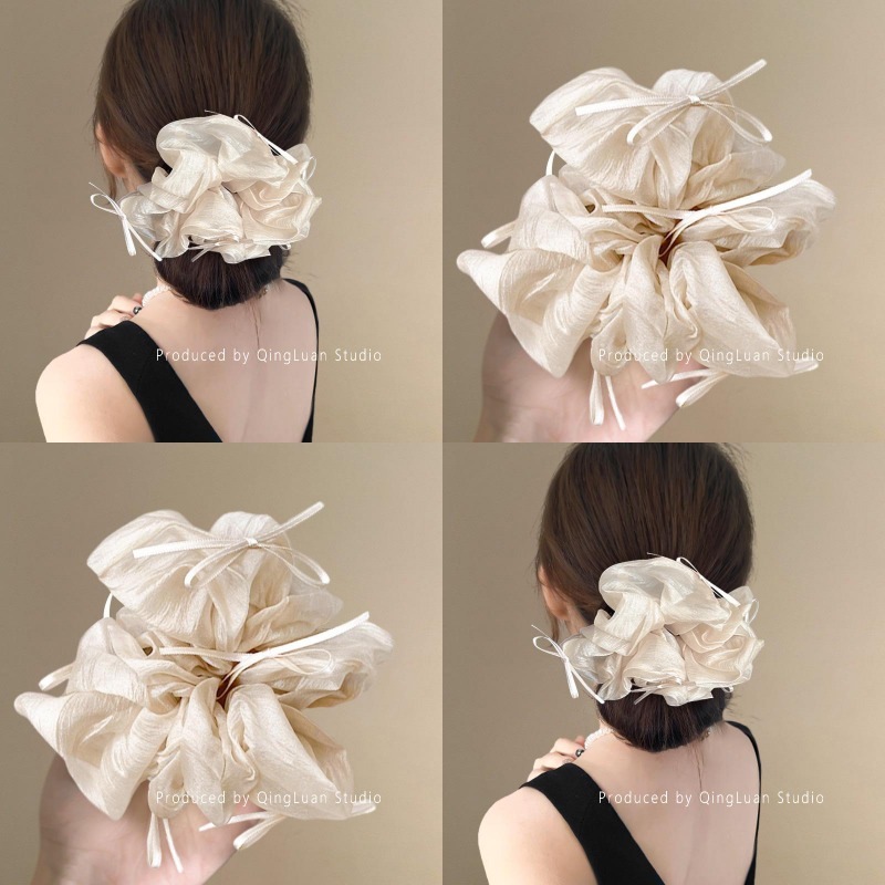 Dây buộc tóc ren đính nơ voan cho nữ, dây buộc tóc mùa xuân hè phong cách ba lê xinh xắn cho nữ