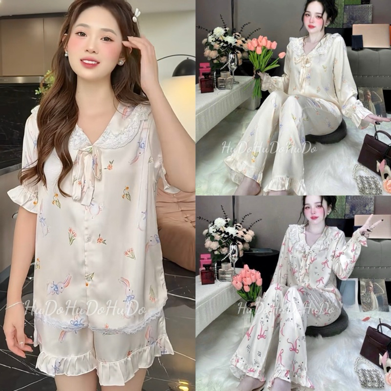 Bộ Pijama Lụa Latin dáng tiểu thư phối ren