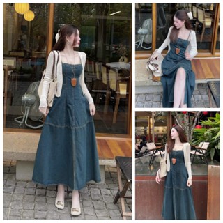 Đầm Váy Nữ Jeans 2 Dây Xòe Dáng Dài Xẻ Tà Phối Áo Khoác Croptop Len Ren Style Bánh Bèo Siêu Xinh Diện Đi Chơi, Hẹn Hò