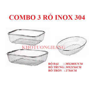  COMBO 3 Rổ   ĐẠI+ TRUNG+ TRÒN  CHẤT LIỆU inox 304 Size Lớn dạng lưới kiểu Nhật đựng thức ăn chiên và để ráo trái cây vô 