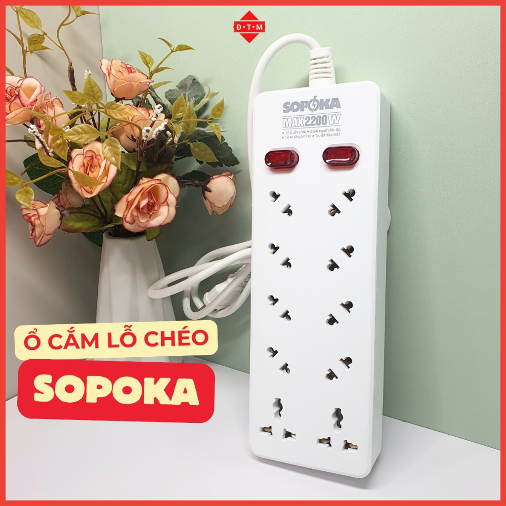 Ổ Cắm Điện 10 Lỗ Chéo SOPOKA 10A - Ổ Cắm Đa Năng Dùng Cho Phích Chân To - 2200W - BH 2 Năm