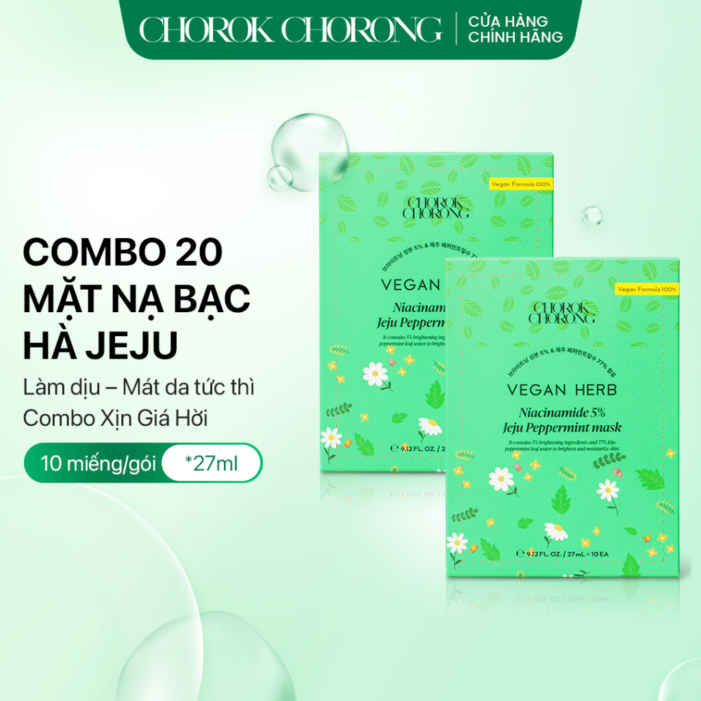[Chính hãng] Set 20 Mặt nạ trắng da,dưỡng ẩm Chorokchorong 5%Niacinamide Jeju Peppermint mask20*27ml