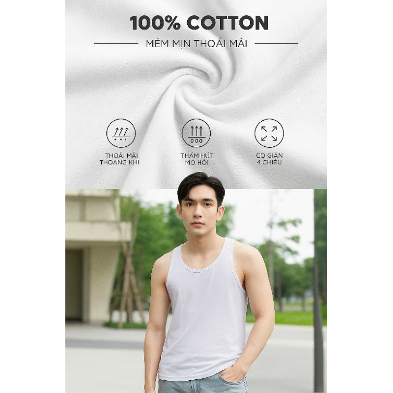 Áo Thun Ba Lỗ Nam 100% Cotton, Thấm Hút Mồ Hôi, Chất Liệu 100% Cotton dày dặn