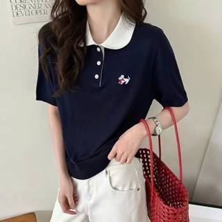 Áo Polo Tay Cộc, Áo Len Thun Cổ Bẻ From Ôm Thêu Nổi Hỉnh Cún Con Cổ Tương Phản Chất Mongtoghi Co Giãn Hàng Qccc Shopquac