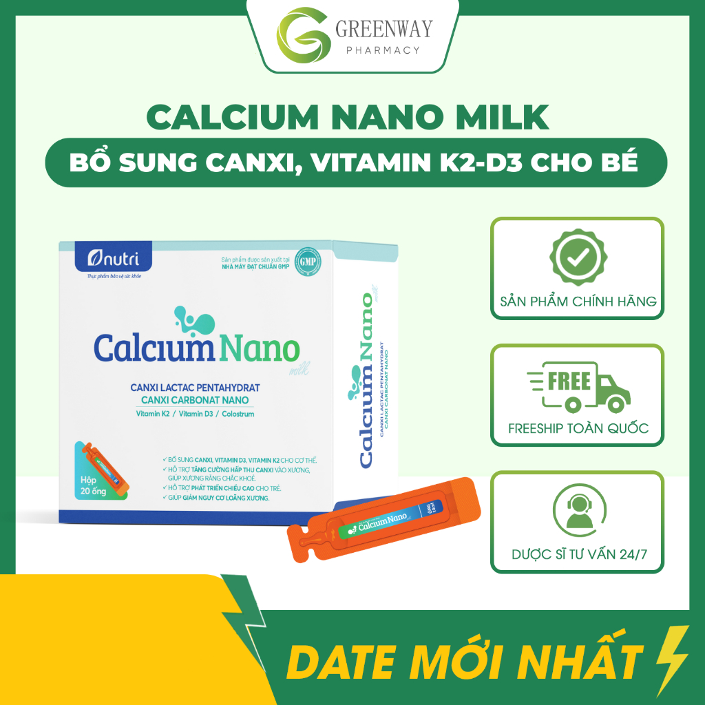 Dung dịch Calcium Nano Milk - bổ sung Canxi, Vitamin K2-D3 cho bé - Hộp 20 ống