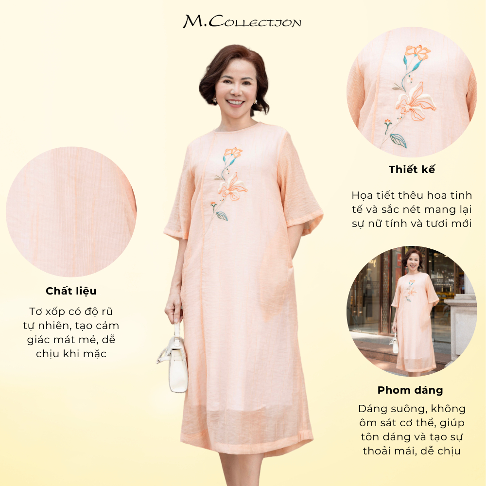 M COLLECTION | Đầm Nữ Trung Niên Tặng Mẹ Phom Suông Tơ Xốp Mềm Nhẹ Mặc Thoáng Mát Thêu Hoa - D12206 | BigBuy360 - bigbuy360.vn