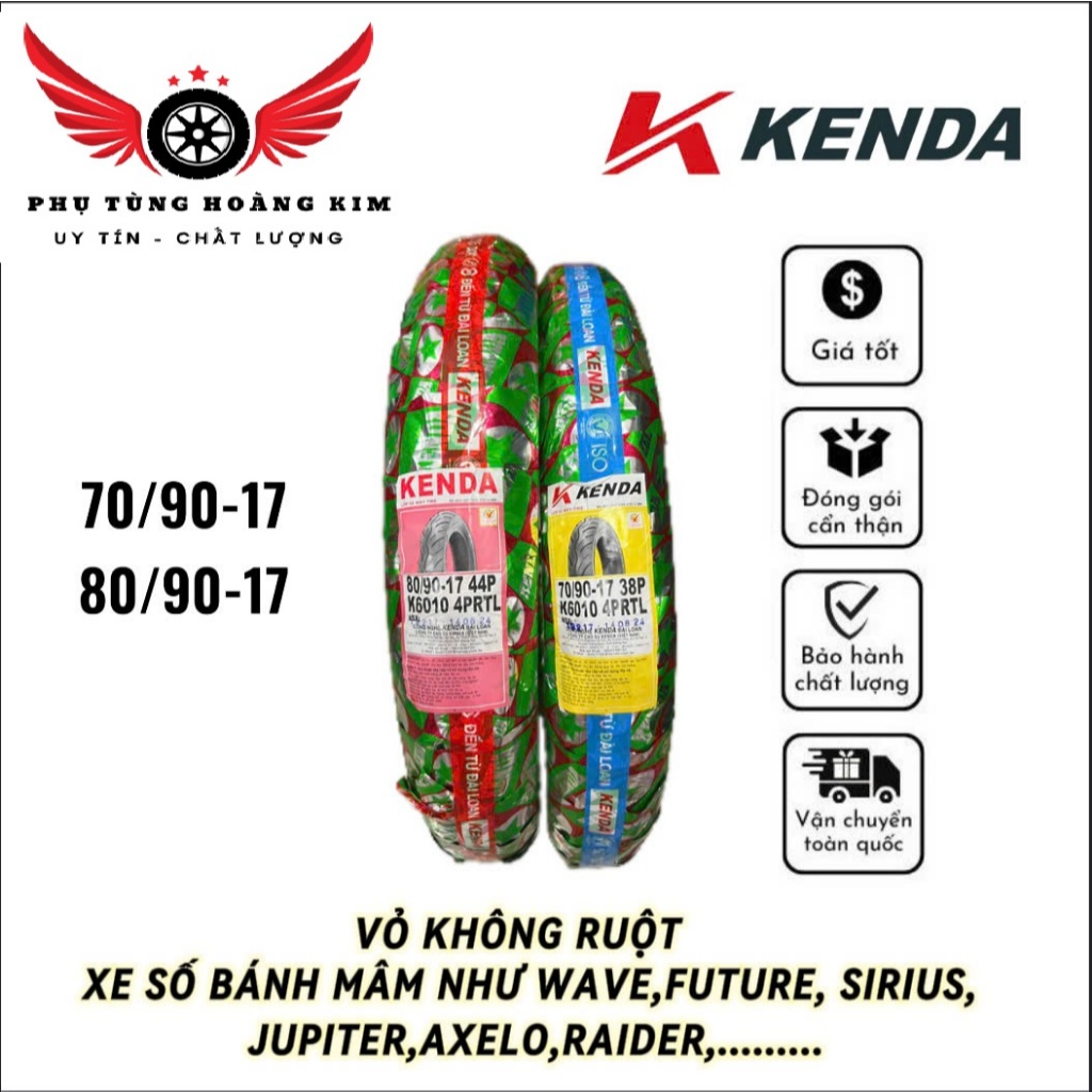 Vỏ xe KENDA không ruột 70/90-17+80/90-17 cho xe Wave RSX, Future, Sirius, Jupiter. Có hỏa tốc
