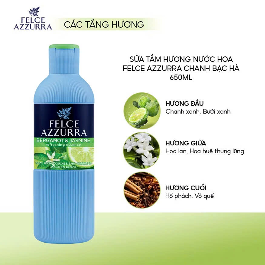 Sữa Tắm FELCE AZZURRA Hương Nước Hoa Paglieri Xuất Xứ Ý 650ML- Chanh Bạc Hà