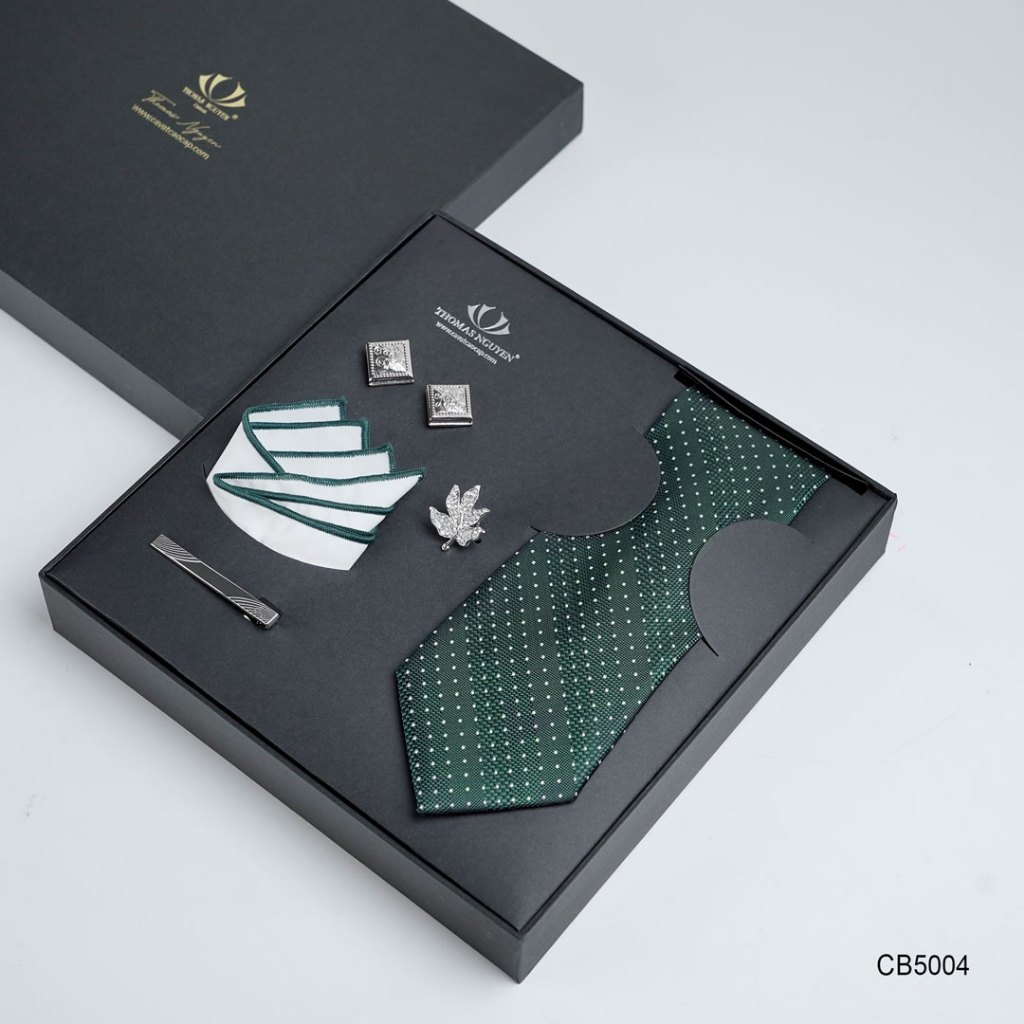 Bộ phụ kiện vest 5 món cho nam - Cà vạt lụa tổng hợp, khăn, kẹp, ghim, măng sét - Thomas Nguyen