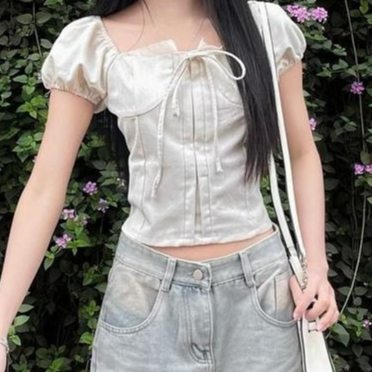 Áo babydoll nữ kiểu Linen tay phồng nơ ngực công chúa phong cách M380 gUUU