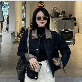  Áo khoác jean  247joomate denim bò phối kẻ sọc xanh đậm ulzzang phối cổ và tay áo Aojean8037 P11 