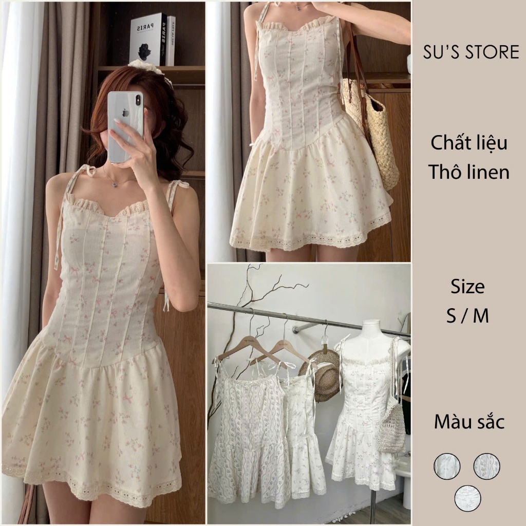 Váy Thô Linen 2 Dây Họa Tiết Hoa Nhí Viền Ren Su Chang V863 Thời Trang Nữ