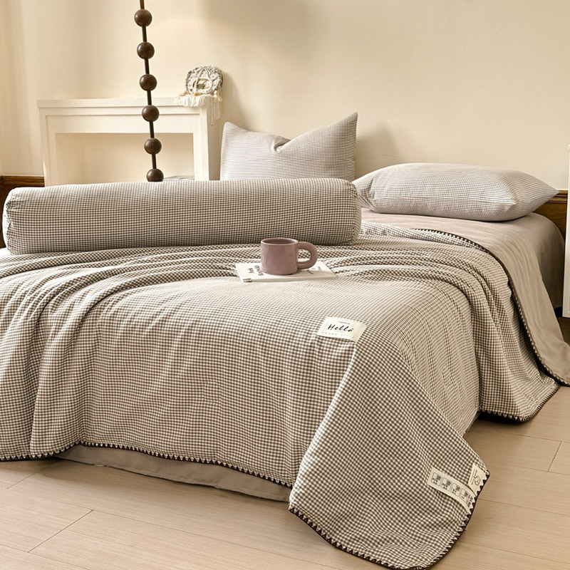 Bộ chăn ga gối 5 món đũi linen hoạ tiết kẻ sọc caro basic đơn giản