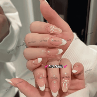   Tặng hộp,keo  Nail Box Thiết Kế Thạch Nude French Trắng Đầu Móng Vẽ Nổi Nơ Sang Chảnh Dễ Thương M161 