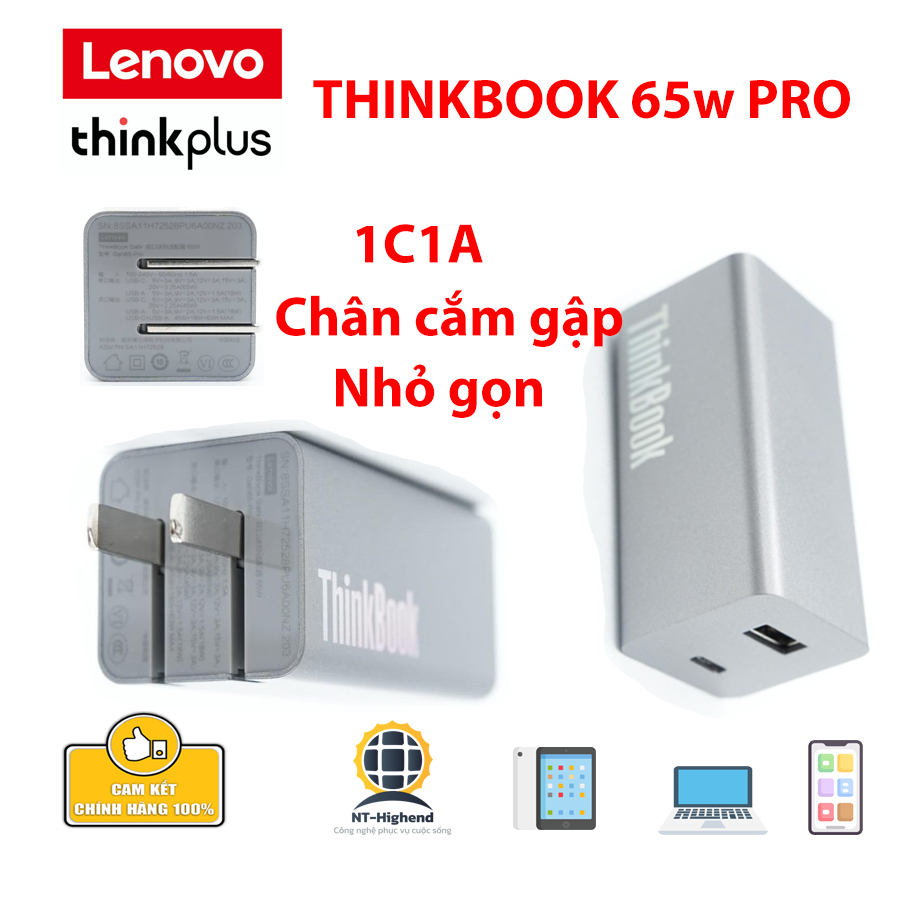 Bộ sạc Lenovo ThinkBook 65W GaN USB-C USB-A nhỏ gọn Cáp 1m8 cho Laptop Điện Thoại Máy Tính Bảng | BigBuy360 - bigbuy360.vn