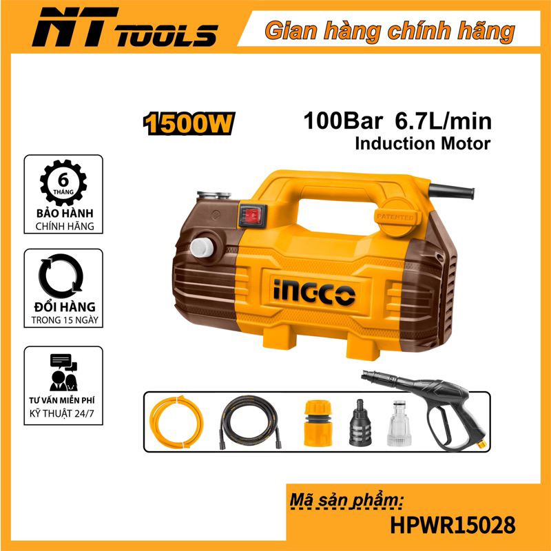 Máy rửa xe gia đình chính hãng 1500W dây đồng, motor không chổi than INGCO HPWR15028