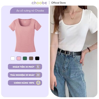 Áo phông nữ Choobe cổ vuông cộc tay form đẹp thun trơn co giãn tốt màu đen trắng basic A46